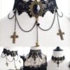 Gothic Dark Lolita Lace Necklace, Y2K Harajuku Subculture Black Cross Choker