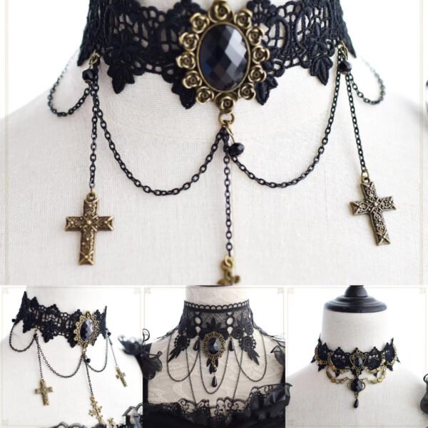 Gothic Dark Lolita Lace Necklace, Y2K Harajuku Subculture Black Cross Choker