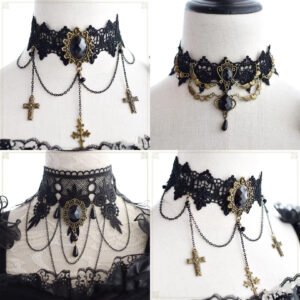 Gothic Dark Lolita Lace Necklace, Y2K Harajuku Subculture Black Cross Choker