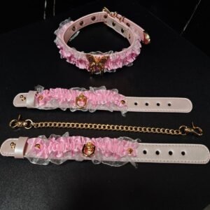 Lace - style BDSM decorative collar, hand and foot rings, leash, pink PUPPY erotic set