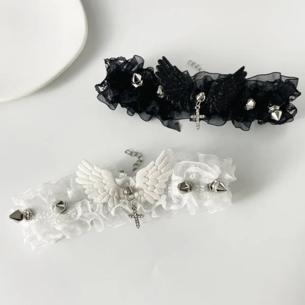 Sexy Black White Lace Lolita Choker Goth Crystal Cross Pendant Angel Wings Rivet Necklace for Women Charm Party Jewelry Gift