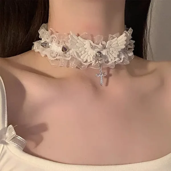 Sexy Black White Lace Lolita Choker Goth Crystal Cross Pendant Angel Wings Rivet Necklace for Women Charm Party Jewelry Gift