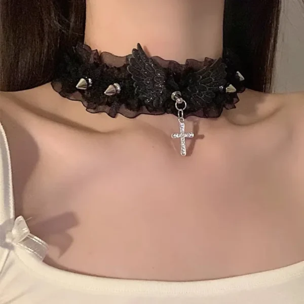 Sexy Black White Lace Lolita Choker Goth Crystal Cross Pendant Angel Wings Rivet Necklace for Women Charm Party Jewelry Gift