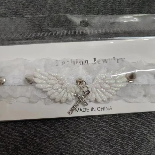 Sexy Black White Lace Lolita Choker Goth Crystal Cross Pendant Angel Wings Rivet Necklace for Women Charm Party Jewelry Gift